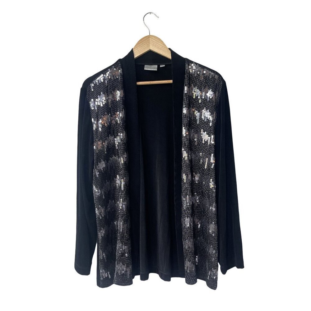 Chico's Open‎ Front Cardigan Size 3 Sequin Black Frequency Silver Slinky Long